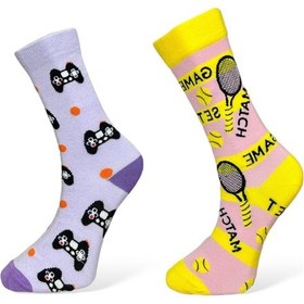 Resim 2'li Unısex Oyun Konsolu Ve Tenis Temalı Esnek Nem Alabilen Pamuklu Spor Soket Çoraplar Çok Renkli 