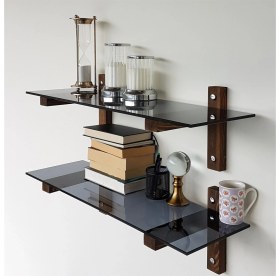 Resim NeoStill Neostill-Duvar Raf Kitaplık Temperli Füme Cam Masif Ahşap 