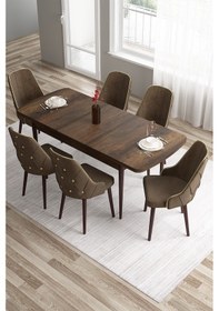 Resim Canisa Tia Serisi 80x132 Açılabilir Mdf Barok Ahşap Desen Gold Detay Mutfak Masası Ve 6 Kahverengi Sandalye Masa Barok Ahşap Desen Sandalye Kahve 