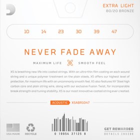 Resim D'Addario XSABR1047 XS 80/20 Bronze Akustik Gitar Teli - Extra Light (10-47) 