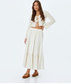 Resim Koton Keten Karışımlı Yüksek Bel Uzun Etek Bej 5sak70047uw Ekru 