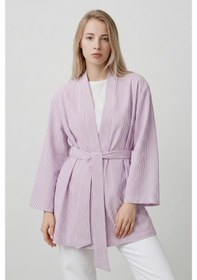 Resim Saade Sââde Kadın Dikey Çizgili Geniş Kollu Şık Yazlık Relaxed Kimono Lila 
