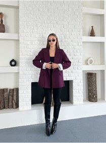 Resim Femistik Kadın Cep Detaylı Düğmesiz Premium Blazer Mürdüm Ceket 
