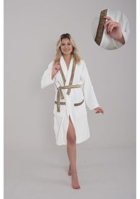 Resim Güvenal Valentis Desenli İşlemeli Kutulu Kadın Erkek Pamuk Bornoz Sabahlık Bornoz Seti Çeyiz Hediyelik 2 Kahverengi 