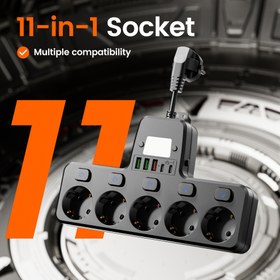 Resim 11'i 1 Arada Ağır Hizmet Tipi Priz Şeridi, Küresel Voltaj 220-240V, 3 USB-C/2USB-A Portu, 5 AC Prizi Dahili Masa Lambası - Ev Ofis Sey 