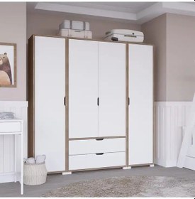 Resim Nisan Açık Ceviz-beyaz 4 Kapılı 2 Çekmeceli Elbise Dolabı - Gardırop Seti Açık Ceviz & Beyaz 
