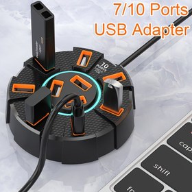 Resim 1 adet Yüksek Hızlı 7/10 Portlu USB 2.0 Hub LED'li, Çok Portlu Genişletme Ayırıcı, Güç Adaptörü ve Harici Güç Kaynağı Dizüstü Bilgisayar ve Bilgisayar Çevre Birimleri için, Çoklu Sistemlerle Uyumlu 