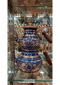 Resim Bakır Çaydanlık El Işlemesi Çiçek Desenli Mavi Renk İşlemeli Mavi 