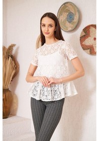Resim Darlin Moda Beyaz Dantelli Yakası Boncuk Detaylı Astarsız Bluz DM10331 Beyaz 