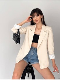 Resim han fashion Kadın Bej Kruvaze Yaka Düğmesiz Cepli Astarlı Blazer Ceket 
