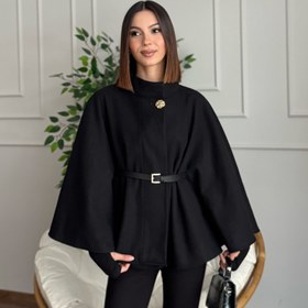 Resim Liya Kemerli Kaşe Siyah Panço - S 