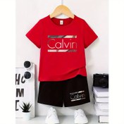 Resim 2 adet - Gençler için Kısa Kollu Şort Takımı - Sokak Stili Rahat "Calvin" Harf Baskı, Canlı Tasarım - Yazlık Dış Mekan Kıyafeti, Polyester Kumaş, Tüm Mevsimler İçin Rahat, Günlük Kullanım | Canlı Baskılı Üst | Esnek Malzeme, 2-12 Yaş Arası Erkek ve Kız Çocuklar İçin Mükemmel Seçim - Boş Zaman ve Oyun İçin İdeal 