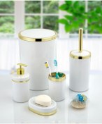 Resim Akrilik Yapım Gümüş Çizgi 5'Li Yuvarlak Banyo Seti Beyaz 