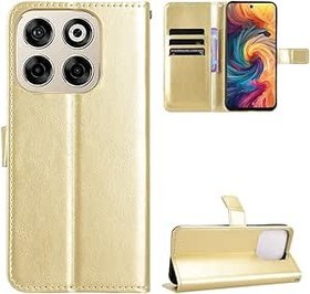 Resim ZTE Blade V70/nubia V70 ile Uyumlu Deri Telefon Kılıfı, Kredi Kartı Yuvalı ve Açılır Stantlı Cüzdan Manyetik Kapak, Altın 