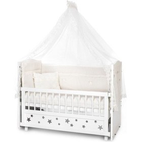 Resim Ahşap Beşik Anne Yanı Beşik Beyaz 60x120 Krem Güpür Uyku Seti Yatak Beyaz 