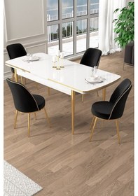 Resim Canisa Pale Serisi 80x132 Açılabilir Beyaz Mutfak Masa Takımı 4 Krem Sandalye Gold Detay Masa Beyaz Sandalye Siyah Ayak Gold 