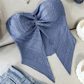 Resim Elegant Slate Blue Textured Bandeau Top, Döndürülmüş Kurdele Detaylı - Şık Omuz Üstü Çiçek Deseni, Tüm Mevsimler İçin Mükemmel 