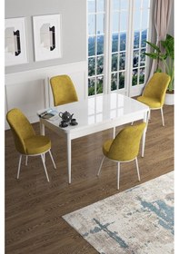 Resim Canisa Han Serisi 70x114 Açılabilir Mdf Mutfak Masası Takımı Beyaz Masa 4 Hardal Sandalye Masa Beyaz Sandalyeler Hardal 