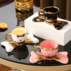 Resim Ev mutfakları, yemek odaları, oturma odaları için 1 set seramik kahve fincanları ve tabaklar, çay, kahve, süt, meyve suyu içmek için uygun, açık hava düğünleri, partiler, hediye verme, doğum günleri için 