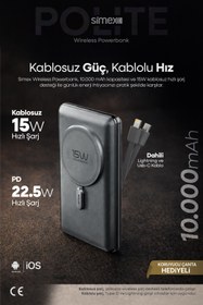 Resim Simex 10.000mAh MagSafe Powerbank 15W Wireless / 22.5W Hızlı Şarj - Dahili Type-C Lightning Kablolu S-38 