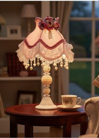 Resim Pudra Pembe Kadife Erengül Çiçek Ve Dantel Süsleme Dekor Vintage Abajur 50x30cm Pembe 