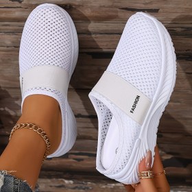 Resim Kadınlar için Beyaz Slip-On Günlük Spor Ayakkabı - Nefes Alabilen Kumaş Üst ve Astar, Kolay Giyim için Elastik Paneller, Hafif PVC Taban - Plaj, Seyahat & Günlük Kullanım için Tüm Sezon Konforu - Genişletilmiş Bedenler Mevcut, Rahat Ayakkabılar, Açık File Tasarım, Esnek Ayakkabı 