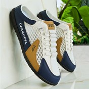 Resim Erkekler için Rahat Kayma Sneaker'ları - Deniz Mavisi ve Beyaz, Nefes Alabilen File Üstü, Rahat EVA Tabanlık, PVC Taban, Yaz için İdeal, Rahat Kıyafetler, Rahat Ayakkabılar | Nefes Alabilen Sneaker'lar | Kayma Tasarımı 