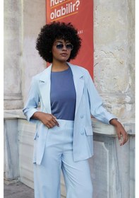 Resim Kadın İpeksi Dokulu Modal Kumaş Yakalı Cep Kapaklı Oversize Salaş Blazer Ceket-mavi Mavi 