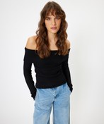 Resim Kat Detaylı Fitilli Uzun Kollu Triko Omzu Açık Kazak 