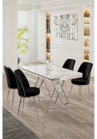 Resim Canisa Vals Serisi 80x130 Lak Panel Beyaz Mermer Desen Masa Takımı Krom Ayaklı 4 Siyah Sandalye Beyaz Mermer Desen Masa Sandalyeler Siyah 
