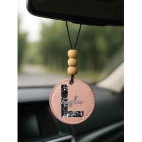 Resim Nurdic Kişiye Özel Isim Yazılı 1.sınıf Deri Ahşap Dekorlu Dikiz Aynası Süsü Pudra Pembe - L Harfi 