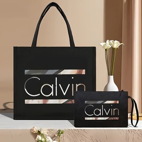 Resim Şık "Calvin" Baskılı İki Parçalı Tote ve Kozmetik Çantası Seti - Dayanıklı, Geniş, Manyetik Kapanışlı, İş ve Ev için İdeal, Eşleşen Makyaj Çantası Dahil, Her Gün Tote|Şık Aksesuar|Kumaş Çanta Se 