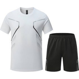 Resim Erkek 2 Parça Yaz Koşu Spor Giyim Seti, Hızlı Kuruyan Polyester Crew Boyun Kısa Kollu Tişört ve Şort, Hafta Sonu için Klasik Beden Casual Atletik Örgü Kumaş Kıyafet, Dağcılık, Antrenman 