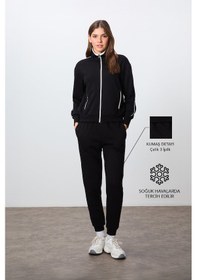 Resim Tommy Life Siyah Kompakt Pamuklu Kalın Pürüzsüz Dokulu Dik Yaka Oversize Fit Kadın Eşofman Takım - 95340 Siyah 