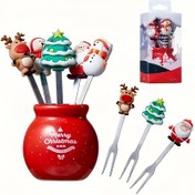 Resim 5'li Noel Seramik & Paslanmaz Çelik Meyve Çatal Seti Tutucu ile - Sevimli Karikatür Tasarım, Salatalar & Tatlılar için Mükemmel, Mutfak & Restoran Temelleri, 3.99x7.98 cm 