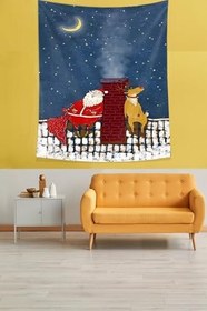 Resim Pelangi Yılbaşı Gecesi Geyik Ve Noel Baba Leke Tutmaz Kumaş Duvar Örtüsü Duvar Halısı Tapestry PNTR130, 70 x 70 