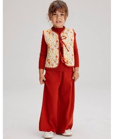 Resim Lolliboomkids Kapitone Yelekli Triko Balıkçı Yaka Body Ve Triko Pantolon 3 Parçalı Alt Üst Takım / Set Kırmızı Renk Kırmızı 