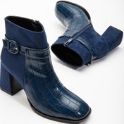 Resim Süet Ve Kroko Deri Küçük Kemerli Lacivert Kadın Kalın Topuklu Bot-2653-lacivert Lacivert 
