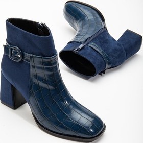 Resim Süet Ve Kroko Deri Küçük Kemerli Lacivert Kadın Kalın Topuklu Bot-2653-lacivert Lacivert 