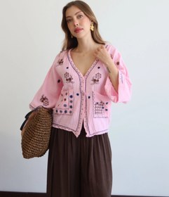 Resim Lusin Kadın Pembe Etnik Nakış İşlemeli Cep Detaylı Düğmeli Yazlık Bohem Müslin Gömlek Kimono 
