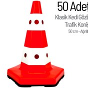Resim İleri Trafik 50'li Klasik Kedi Gözlü Trafik Konisi Seti 50 cm Ağırlıklı Trafik Dubası 