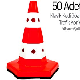Resim İleri Trafik 50'li Klasik Kedi Gözlü Trafik Konisi Seti 50 cm Ağırlıklı Trafik Dubası 