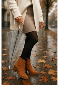 Resim Bej Süet Kadın Kısa Kovboy Kanvas Western Bot Tarçın Taba Süet 