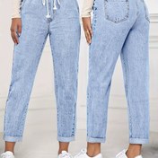Resim Bayanlar 2025 Yeni Esnek İpli Dar Kesim Kısa Kot Pantolon, Asit Yıkama Mavi Kollu Düz Denim Pantolon, Şık Kadın Giyimi, Tüm Mevsimler İçin Konik Pantalonlar, Cepli Bel Kontrollü Seyahat Günlük Pantolon 
