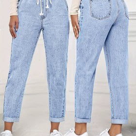Resim Bayanlar 2025 Yeni Esnek İpli Dar Kesim Kısa Kot Pantolon, Asit Yıkama Mavi Kollu Düz Denim Pantolon, Şık Kadın Giyimi, Tüm Mevsimler İçin Konik Pantalonlar, Cepli Bel Kontrollü Seyahat Günlük Pantolon 
