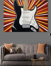 Resim Çizgili Fonda Rock Gitarı Dekoratif Kanvas - Mdf Ahşap Tablo 
