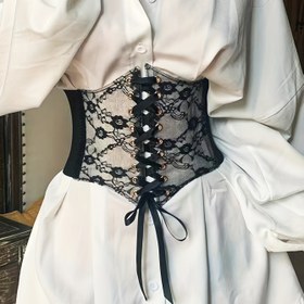 Resim Trendy Elastik Dantel Geniş Kemer Hollow Out Dantel Up Corset Waspie Bel Bandı Zarif Elbise Ceket Korse Kadınlar için 