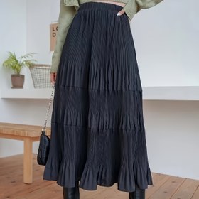 Resim Kadınlar İçin Şık Siyah Pilili Midi Etek - Şık Polyester A Kesim Tasarım, Yüksek Bel, Çok Yönlü İlkbahar/Yaz Moda Parçası, Çok Yönlü Moda|Şık A Kesim Etek|Narin Pililer, Büyük Beden Etekler 