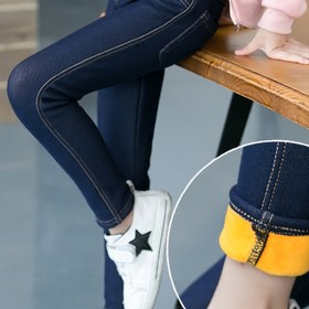 Resim Kızlar için Polar Astarlı Kış Pantolonları - Kalınlaştırılmış Taklit Kot Orta-Baldır Bot Tarzı Elastik Bel ve Cepli Pantolonlar, %68 Rayon/%9 Spandeks/%23 Polyester Karışımı Yürüyüş ve Dış Aktiviteler İçin (3 Yaş ve Üzeri) 