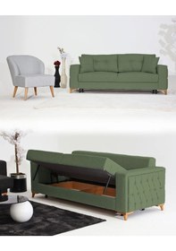 Resim Nola Koltuk Takımı 3+1 & Bazalı Yataklı Koltuk & Kanepe - Keten Gri-yeşil 